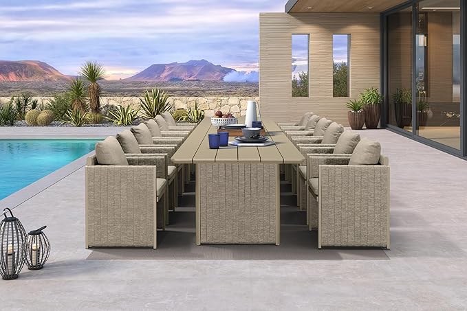 PURPLE LEAF Outdoor Dining Set for 12 with Chairs and Table 13 Pieces Modern Extra Large Weather-Resistant Furniture Olefin Fabric Ideal for Family Dinners for Lawn Deck Backyard Beige