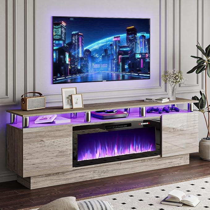 70" Modern Fireplace TV Stand with 36" Electric Fireplace for TVs Up to 80 inch, Luxury LED Light Entertainment Center with High Gloss Cabinet, TV Consoles for Living Room, Grey