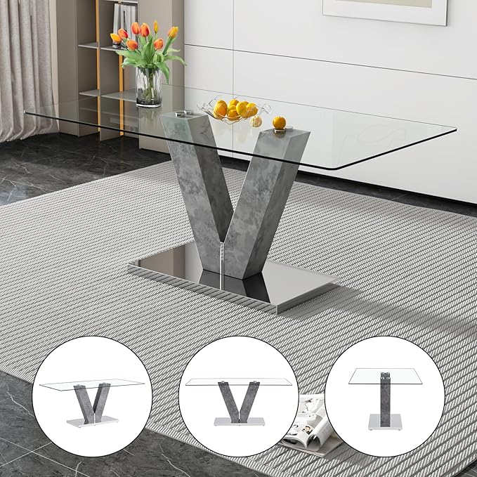 Glass Dining Table Set for 8, Modern Dining Room Table Set,Rectangular Clear Glass Tabletop and MDF Base,Large Glass Dinner Table and 8 White Leather Dining Chairs