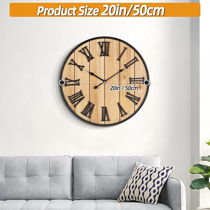Large Wall Clock 20IN, Silent Metal Wood Style Wall Clocks Battery Operated for Living Room Decor, Farmhouse Big Wall Clock, Outdoor