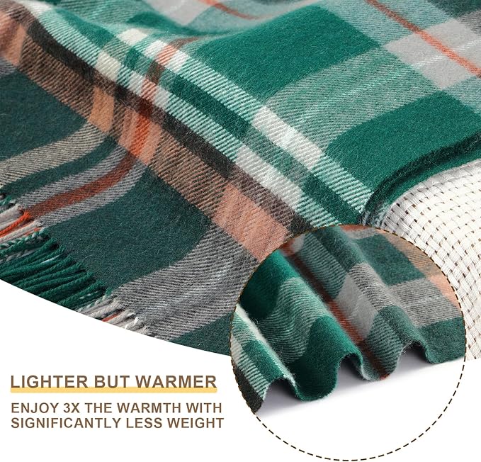 Green Plaid Throw Blanket for Couch,100% Wool Throw Blanket for Home Decor, Soft Lightweight Cozy All Season Decorative Vintage Blankets for Travel,Bed, Sofa, Chair, Outdoor 55"x83"/1.5LBS