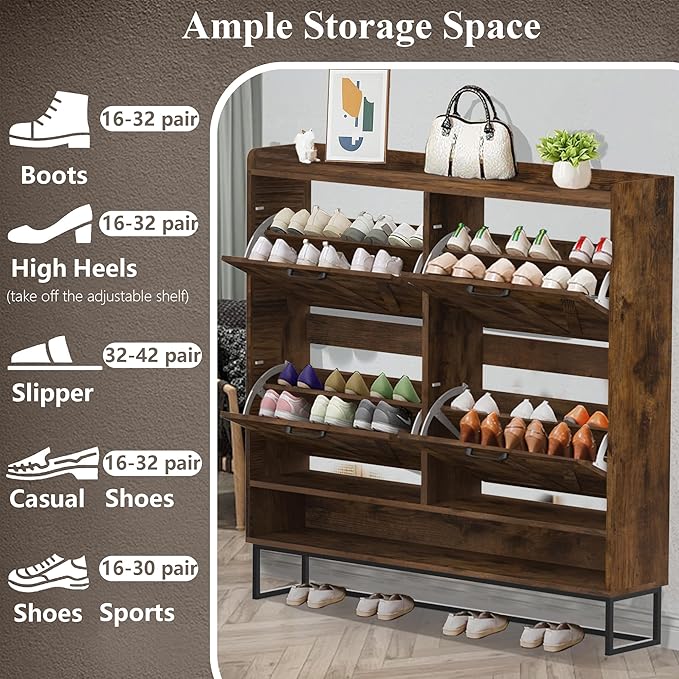 MISHAO Shoe Storage Cabinet with 4 Flip Drawers, Narrow Hidden Shoe Cabinet for Entryway, Freestanding Slim Shoe Rack Organizer with Metal Legs, Rustic Brown