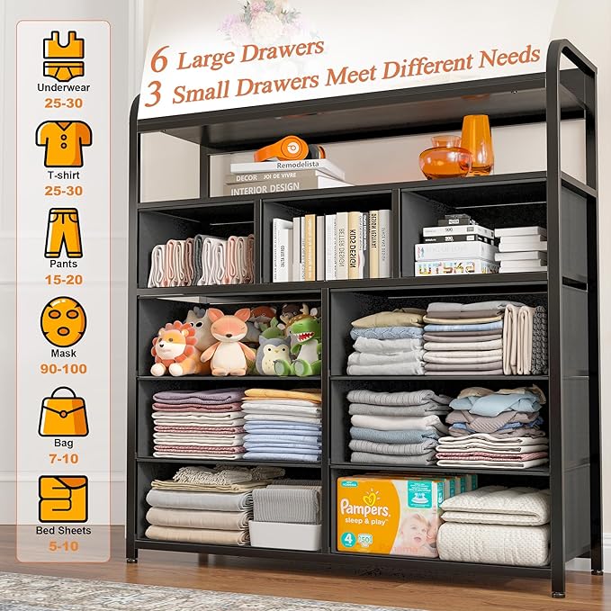 EnHomee Dresser for Bedroom with 9 Drawers, Dressers with 2 Open Shelves, Fabric Dressers & Chests of Drawers for Bedroom, Sturdy Metal Frame, Large Dresser, Black Grey