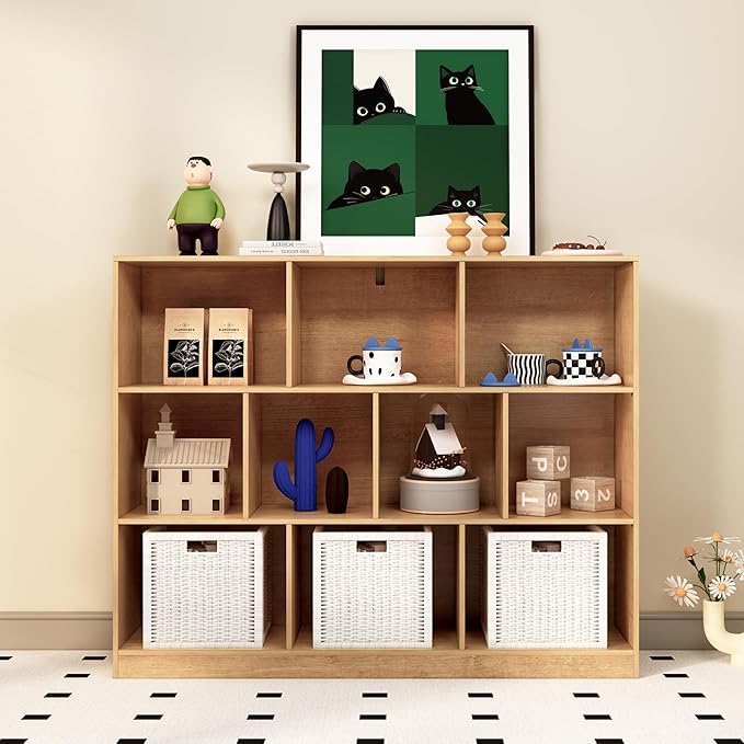 10-Cube Wooden Bookshelf with Base,3-Tier Freestanding Open Storage Organizer,Multi-Functional Bookcase for Living Room,Bedroom,Study and Office (Oak, 10-Cube)