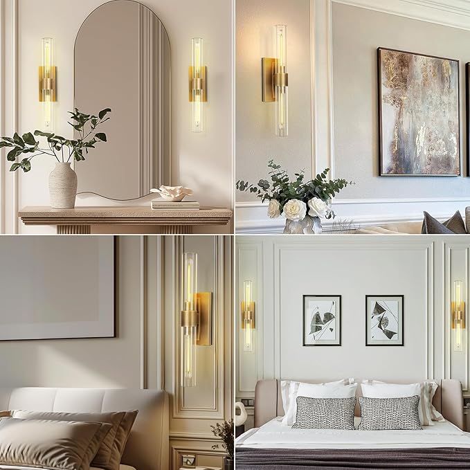 Modern Brass and Glass Wall Sconces, 24" Vanity Lights for Bathroom 2 Lights, Horizontal or Vertical Linear Wall Sconce,Indoor Sconces Wall Lighting,Bathroom Wall Sconce Set of Two