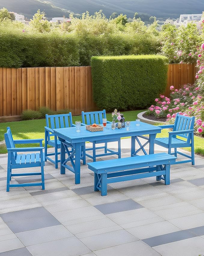 QUASCO Outdoor HDPE Dining Table Set, 6-Piece Outdoor Patio Dining Sets with Umbrella Hole Table and 1 Bench and 4 Chairs for Backyard, Deck, Garden and Poolside, Blue