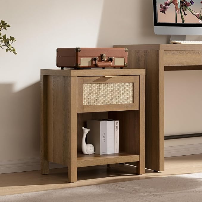 SICOTAS Rattan Nightstand - Farmhouse Night Stand with Drawer and Storage Shelf - Boho Bedside Table - End Side Table for Bedroom,Oak