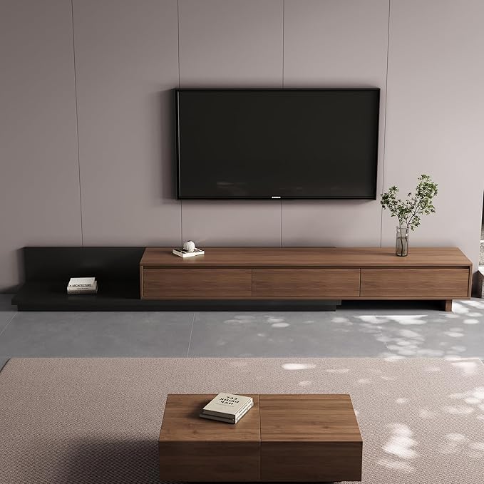 Mid-Century Modern Expandable TV Stand with 3 Drawers – Adjustable Entertainment Center for Living Room & Bedroom (79" to 130"), Stylish Walnut Brown Media Console