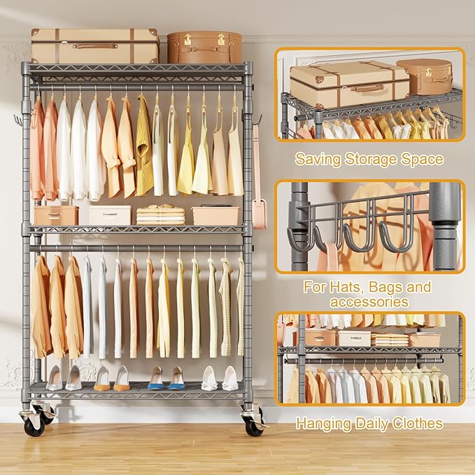 P1 Rolling Clothing Rack with Lockable Wheels, Heavy-Duty Garment Rack for Hanging Clothes, Portable Closet Wardrobe with Shelves, 35.5" W x 15.7" D x 80.5" H, Hold 500lbs, Grey