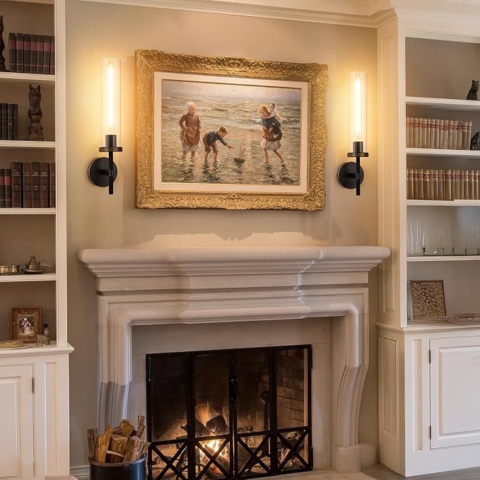 19.5" Knurled Brass Wall Sconce with Clear Glass Tube, Black Gold Bathroom Vanity Light Fixtures, Modern Lamp Lighting for Bedroom, Living Room, Hallway, Staircase, Mirror, Kitchen