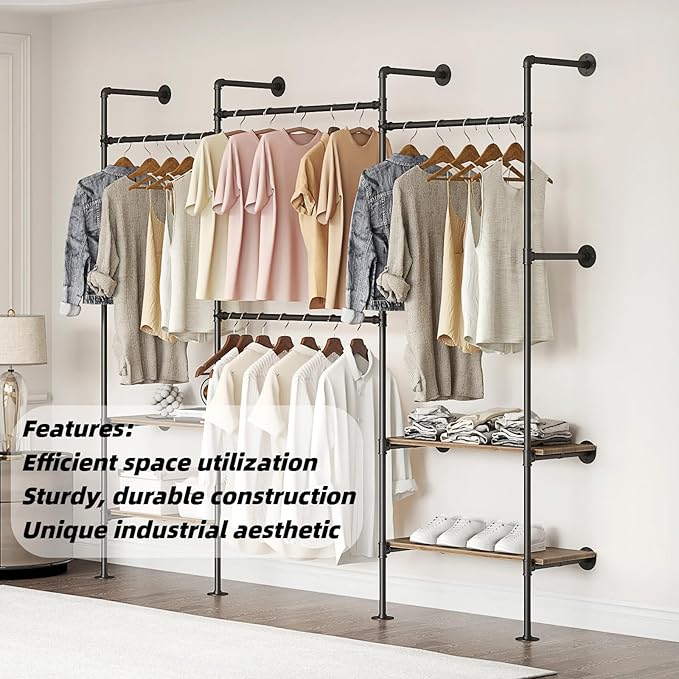 Industrial Pipe Clothing Rack, Wall Mounted Clothes Rack for Hanging Clothes, Retail Display Rack with Shelves, Add Corner installation Method (Black, III-2Tier)