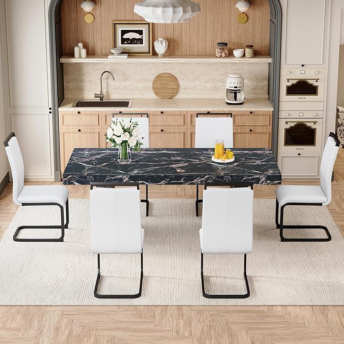 Ebullient Marble Dining Table Set for 6, 79'' Black Kitchen Table Set for 6, 3.5'' Thick Wooden Top with Rectangle Heavy Duty Legs, Modern Dining Table and Upholstered Chairs Set of 6, Marble Grain