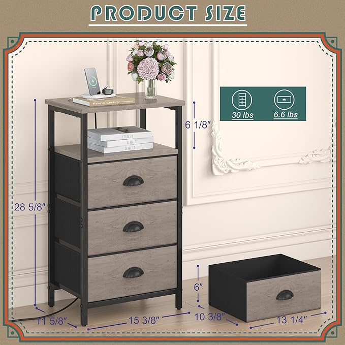 Nightstand with Charging Station,LED Nightstand with 3 Fabric Drawers, Bedside End Tables, 2-Tier Open Storage Shelf, Side Table Nightstand with Drawers for Bedroom,Grey