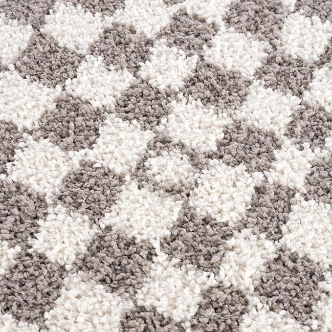 Hauteloom Kieu Contemporary Checkered Fluffy Shag Runner Rug - Modern Geometric Soft Carpet Tiles for Hallway, Kids Room, Nursery - Light Gray, Taupe, Gray - 2'7" x 7'3"