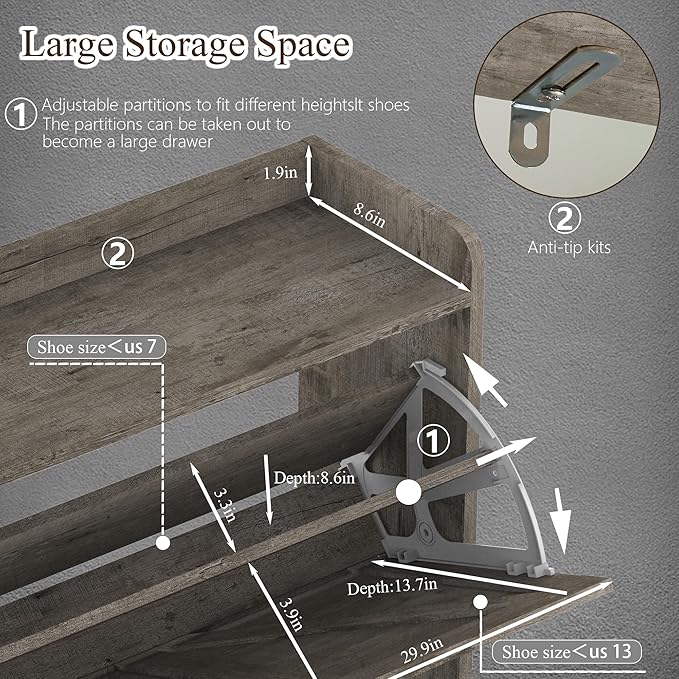 MISHAO Shoe Cabinet Storage for Entryway, Farmhouse Shoe Storage Cabinet with 4 Flip Drawers & Metal Legs, Freestanding Narrow Shoe Rack Cabinet, Rustic Gray