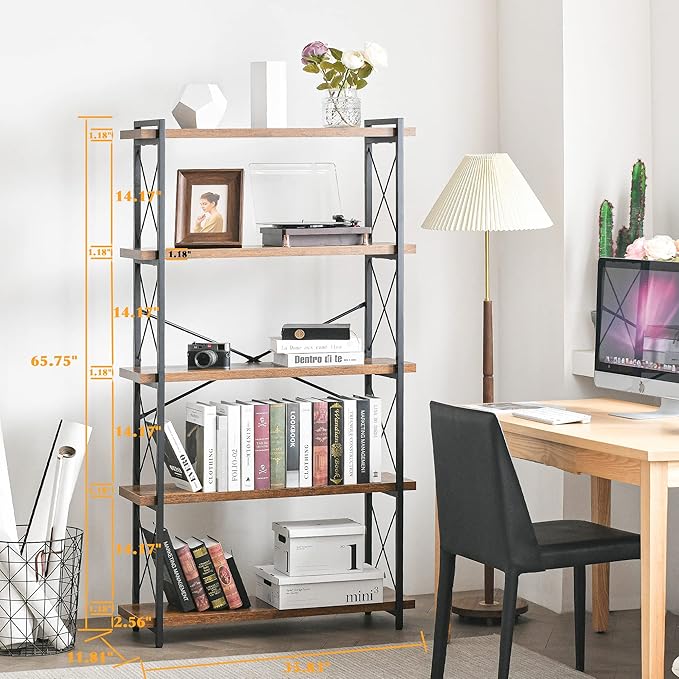 HCHQHS Bookshelf, 5-Tier Industrial Bookcase, Rustic Open Book Shelf, Freestanding Tall Bookshelves with Metal Frame