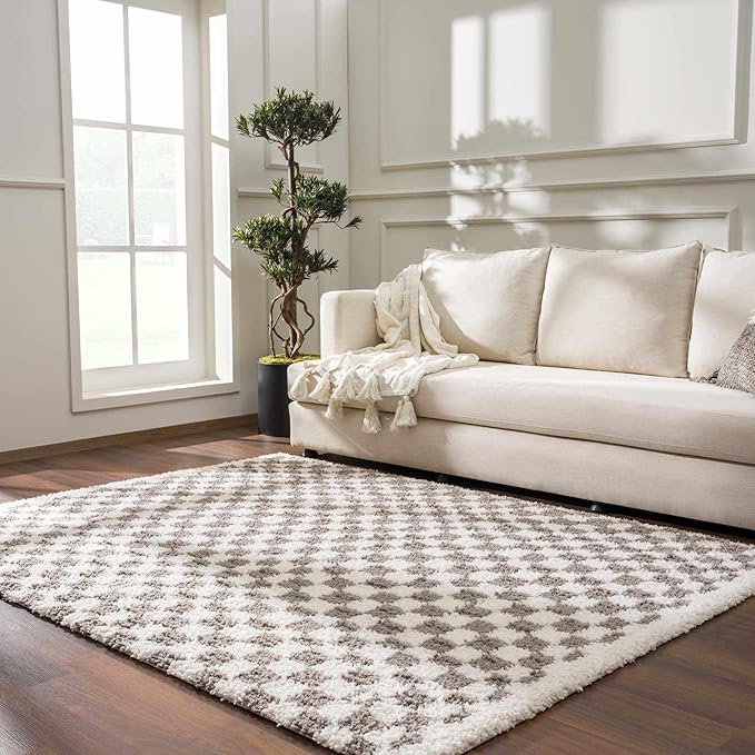 Hauteloom Kieu Contemporary Checkered Fluffy Shag Runner Rug - Modern Geometric Soft Carpet Tiles for Hallway, Kids Room, Nursery - Light Gray, Taupe, Gray - 2'7" x 7'3"