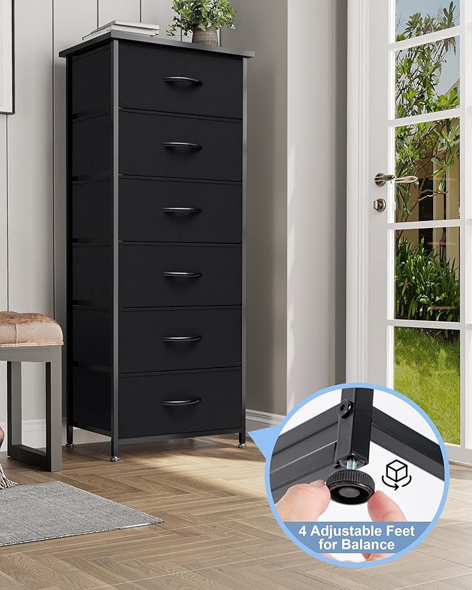 Crestlive Products Vertical Dresser Storage Tower - Sturdy Steel Frame, Wood Top, Easy Pull Fabric Bins, Wood Handles - Organizer Unit for Bedroom, Hallway, Entryway, Closets - 6 Drawers (Black)