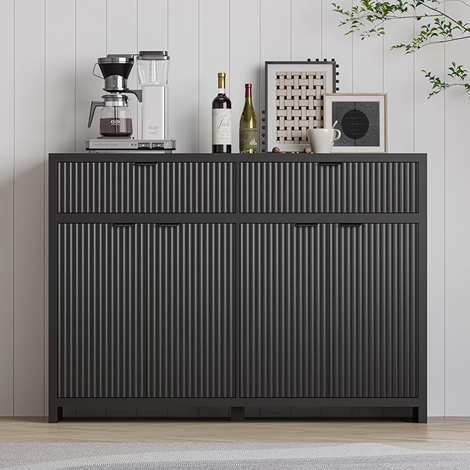 Fluted Sideboard Buffet Cabinet with Storage and Large Drawers, 55" W Credenza Storage Cabinet for Living Room or Entryway, 40'' H Farmhouse Buffet Table with Adjustable Shelves, Console Cabinet