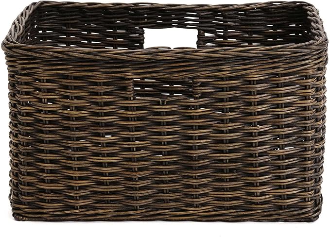 The Basket Lady Tall Rectangular Wicker Storage Basket, Large, 22.5 in L x 16 in W x 12.5 in H, Antique Walnut Brown
