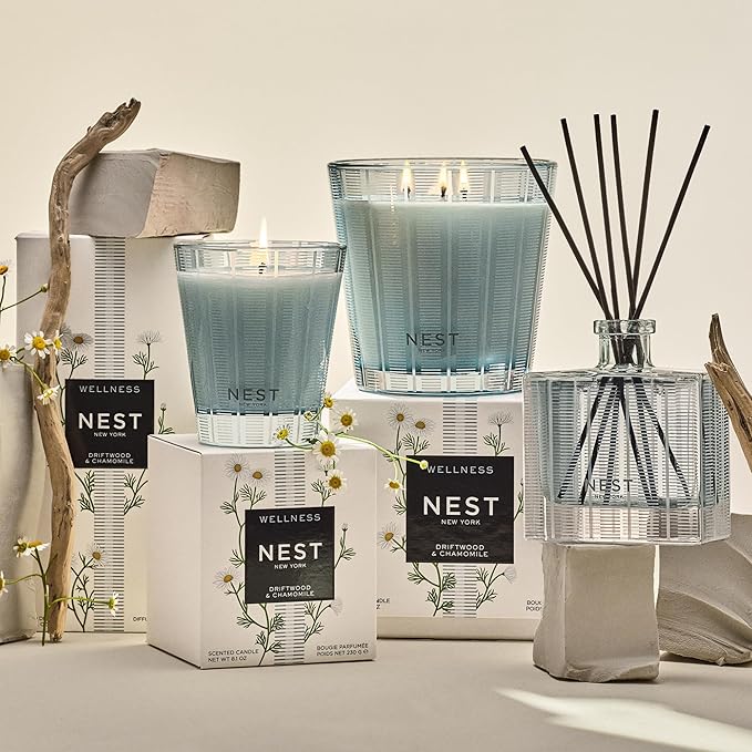 NEST New York Reed Diffuser, Driftwood & Chamomile - 5.9 fl oz - Fragrance for Up to 90 Days - Reusable, Refillable Glass Holder - Includes 8 All-Natural Reed Sticks - Flame Free