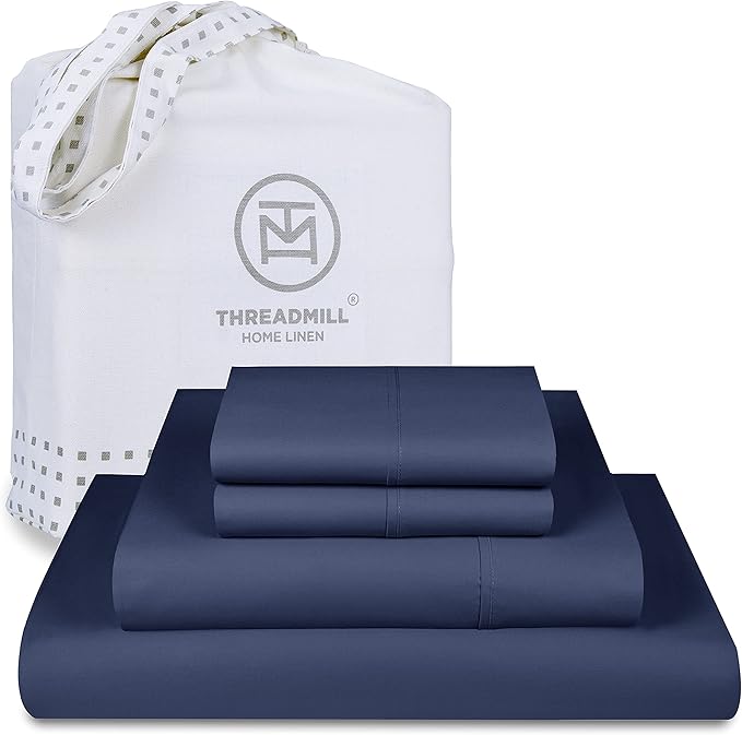 Threadmill 100% Cotton Sheets for Full Size Bed - 600 Thread Count Full Bed Sheets Set with 16” Deep Pocket - Sateen Weave 4-Piece Bedding Set with Cooling Effect, Folkstone Blue