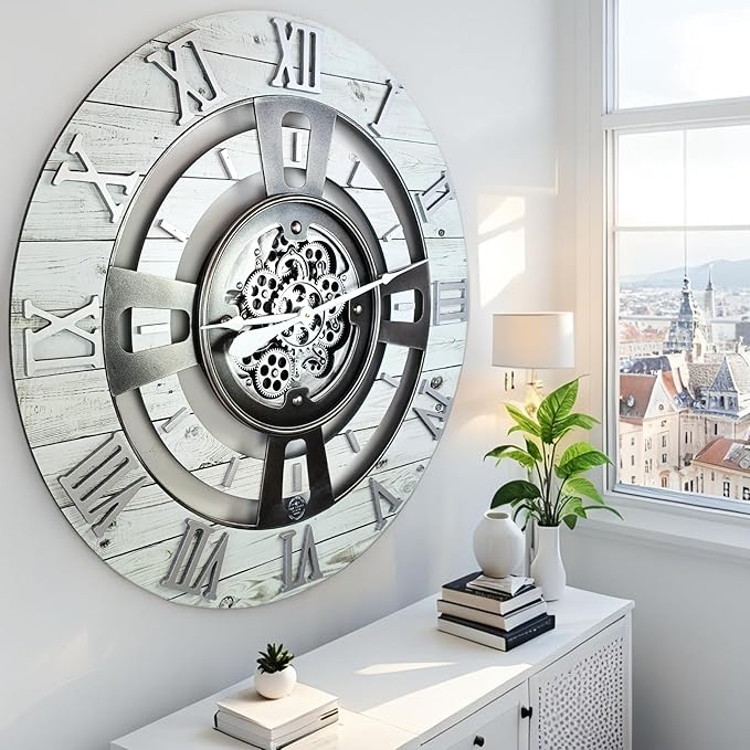 The Gears Clock Real Moving Gear Wall Clock England Line (White Farmhouse, 36 inches (90 cm))