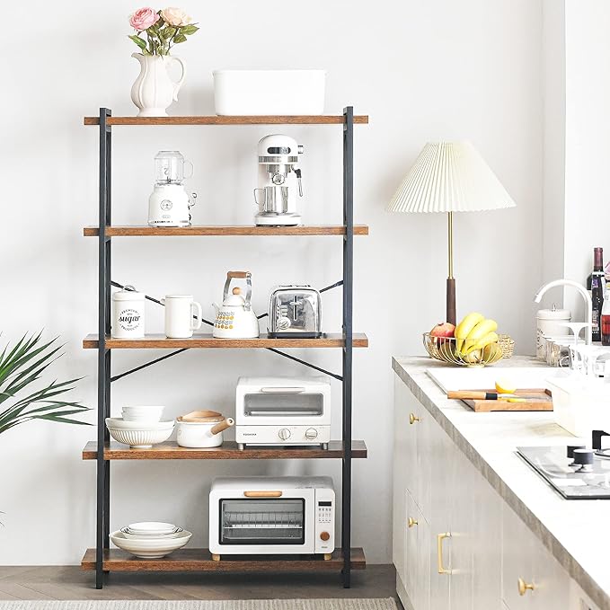 HCHQHS Bookshelf, 5-Tier Industrial Bookcase, Rustic Open Book Shelf, Freestanding Tall Bookshelves with Metal Frame