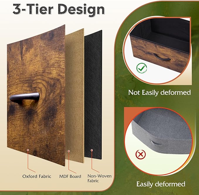 WLIVE Fabric Dresser for Bedroom with Open Shelves, Tall Dresser with 8 Drawers, Storage Tower with Fabric Bins, Chest of Drawers for Closet, Hallway, Rustic Brown Wood Grain Print