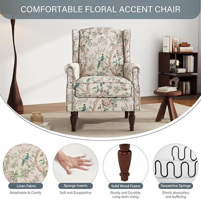 UIXE High Back Floral Accent Chair, Fabric Upholstered Armchair Wingback Arm Club Chair for Living Room, Nailhead Trim Single Sofa Bedroom Side Reading Seat with Solid Wood Legs - Bird Pattern