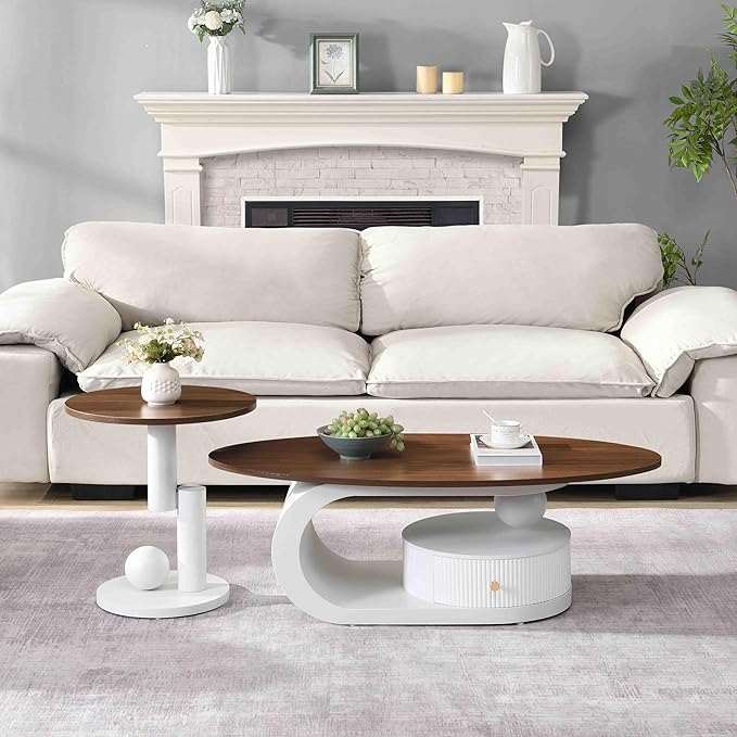 SSLine Luxury Nesting Coffee Table Set with Curved Base Modern Living Room Table Set of 2 Include Oval Coffee Table with Drawer and Round End Table for Living Room Bedroom,White Walnut