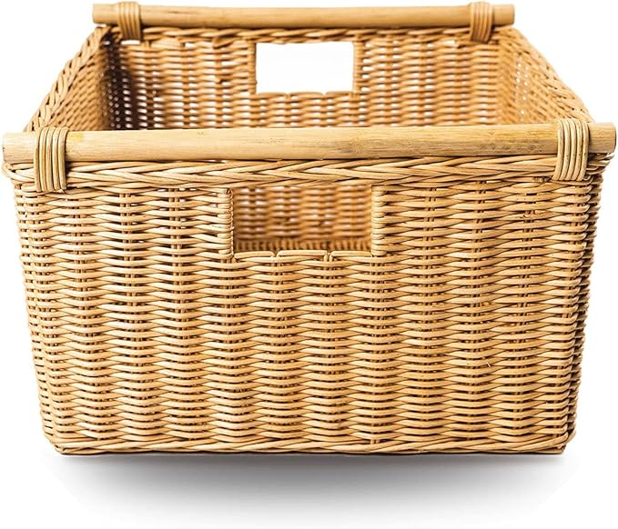 The Basket Lady Deep Pole Handle Wicker Storage Basket, Extra Large, 17.5 in L x 18 in W x 11.5 in H, Sandstone