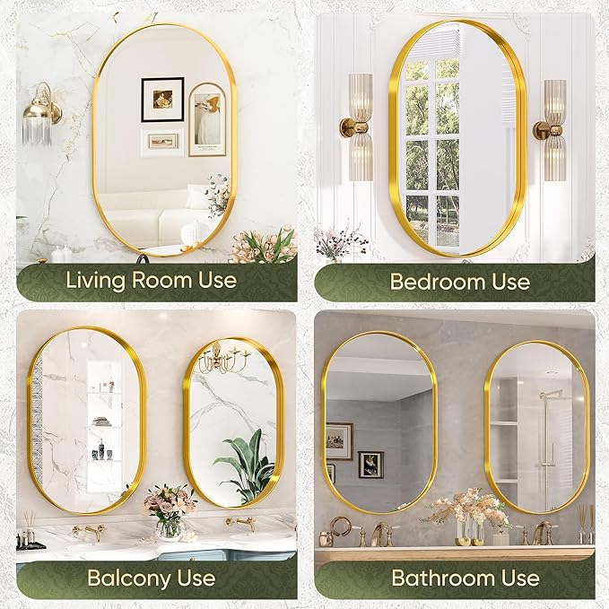 Suidia 22" x 30" Bathroom Mirror, Bathroom Vanity Mirror Metal Framed, Wall-Mounted Mirrors for Bedroom, Living Room, Entryway, Hallway, Gold, Oval Style
