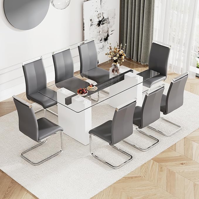 FURNITO Glass Dining Table Set for 8,Modern Dining Table Set,71 in White Dining Table with 8 PU Leather Dining Chairs for Kitchen Dining Room(Glass Dining Table + 8 PU Leather Chairs)