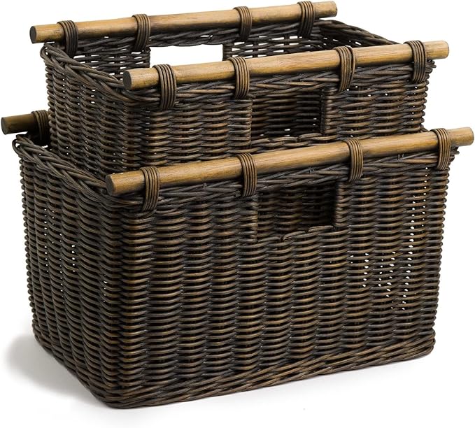 The Basket Lady Tall Narrow Wicker Storage Basket, Small, 16 in L x 9.5 in W x 10 in H, Antique Walnut Brown