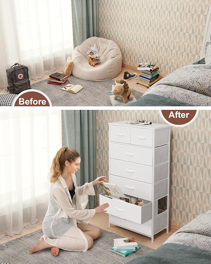 Crestlive Products Vertical Dresser Storage Tower - Sturdy Steel Frame, Wood Top, Easy Pull Fabric Bins, Handles - Organizer Unit for Bedroom, Hallway, Entryway, Closets - 7 Drawers (White)