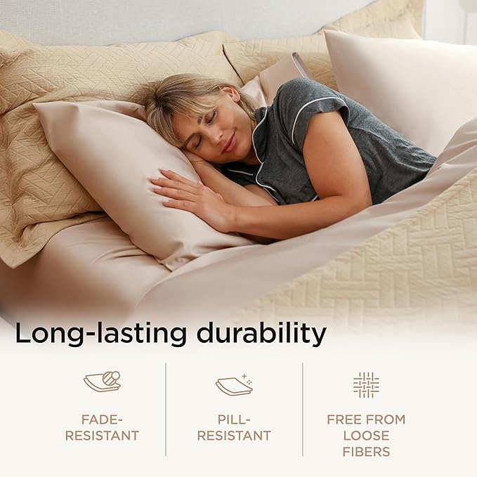 Threadmill 100% Cotton Sheets for Queen Size Bed - 600 Thread Count Queen Bed Sheets Set with 16” Deep Pocket - Sateen Weave 4-Piece Bedding Set with Cooling Effect, Beige