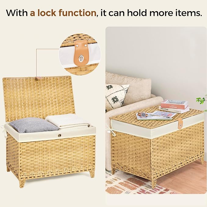 Wicker Storage Basket with Lid,Rattan Shelf Basket with Removable Liner Bag,200L Storage Bin,Storage Trunk with Heightened Feet,Storage Container for Wardrobe,Home Organizer