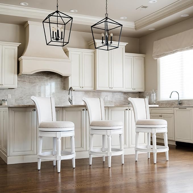 Maven Lane Pullman Counter Stool 26 Inches – Set of 4 – Swivel Stools with Footrest – White Solid Wood Frame & Natural Fabric Upholstery – Perfect for Kitchen Islands & Counters