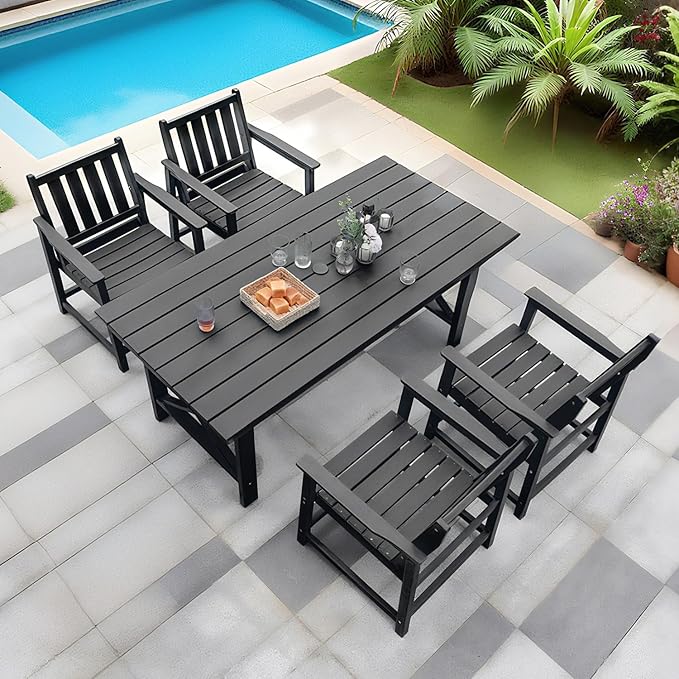 QUASCO 5-Piece Patio Dining Table Sets, All Weather Outdoor HDPE Dining Furniture Set with Umbrella Hole Table and 4 Chairs for Lawn, Garden, Poolside, Backyard, Black