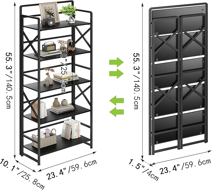 No Assembly Folding Bookshelf, 5 Tiers Vintage Wood Collapsible Book Shelf for Storage,Industrial Metal Foldable Bookcase Organizer for Living Room Bedroom Home Office (Black)