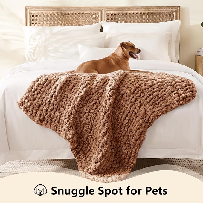 L'AGRATY Chunky Knit Blanket Throw - Soft Chunky Throw Blanket 30x40 inches: 100% Hand Kintted Chenile Crochet Throw Blanket for Couch - Large Cable Knit Chunky Blanket for Home Decor(Brown)