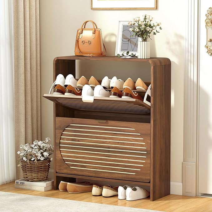 Curved Narrow Shoe Storage Cabinet for Entryway with 2 Flip Drawers, Wood Shoe Cabinet with Arched Panel, Freestanding Shoe Organizer Closed Shoe Rack for Hallway, Foyer, Walnut