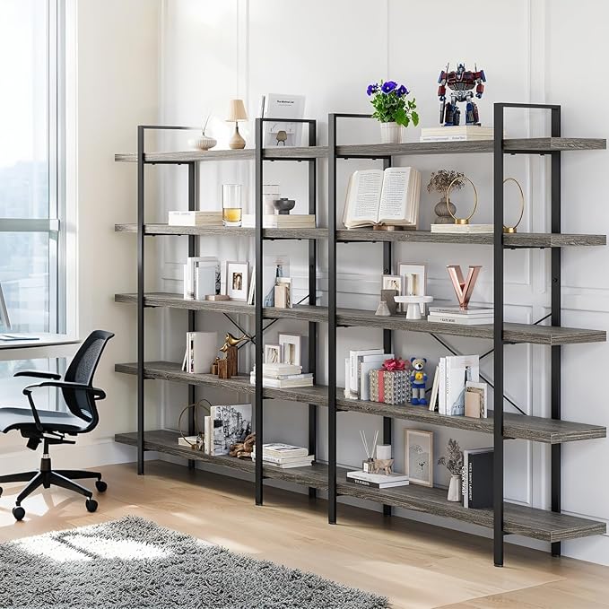 5-Tier Industrial Bookcase, 47 Inch Wide Wood Bookshelf, 120lbs Shelf Capacity, Rustic Open Shelving Heavy Duty Display with Reinforced Horizontal Grey Shelves for Living Room Bedroom Office