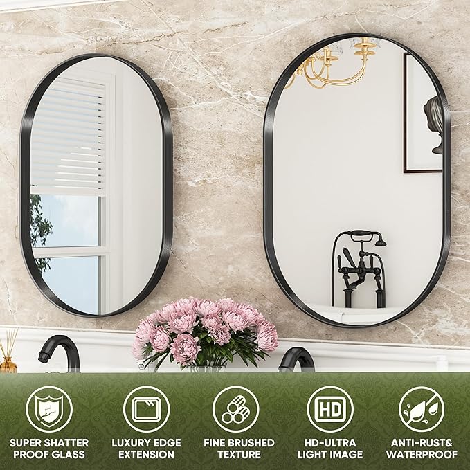 Suidia 22" x 30" Bathroom Mirror, Bathroom Vanity Mirror Metal Framed, Wall-Mounted Mirrors for Bedroom, Living Room, Entryway, Hallway, Black, Oval Style