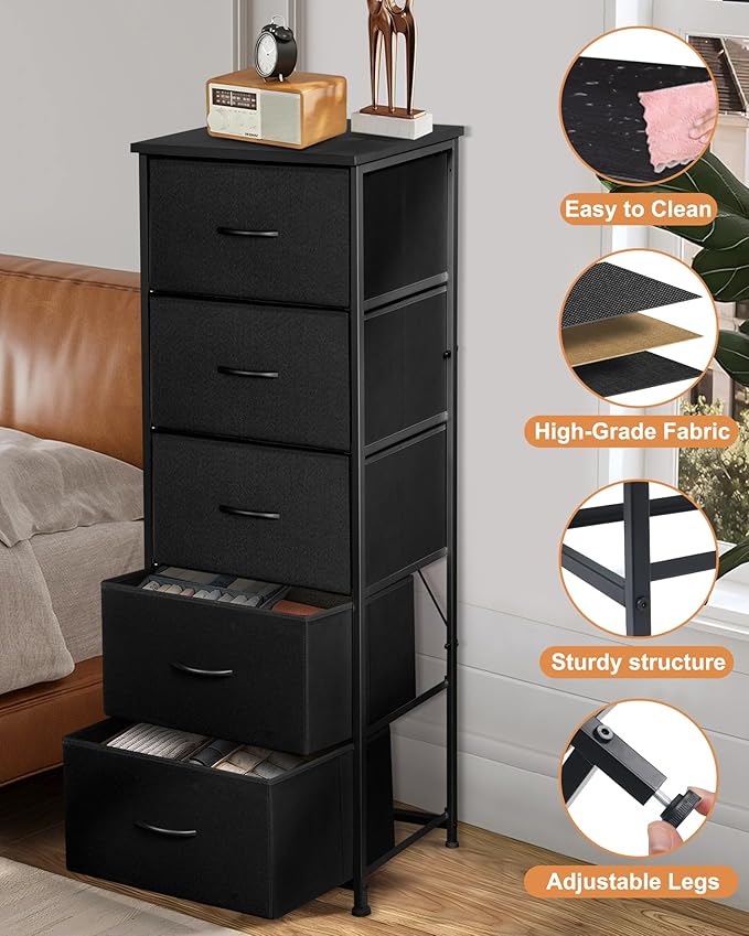 Dresser for Bedroom, Fabric Tall Dresser & Chests of Drawers with 5 Drawers, Vertical Organizer Storage Tower Unit for Bedroom, Hallway, Entryway White