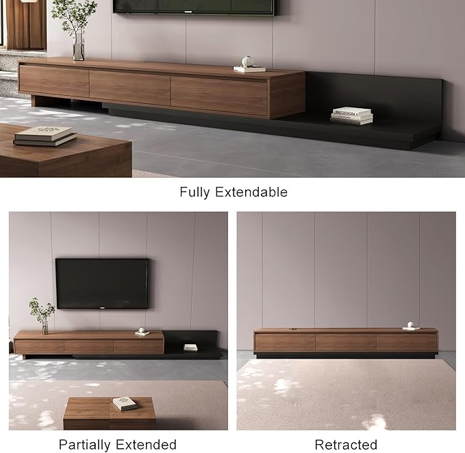 Mid-Century Modern Expandable TV Stand with 3 Drawers – Adjustable Entertainment Center for Living Room & Bedroom (79" to 130"), Stylish Walnut Brown Media Console