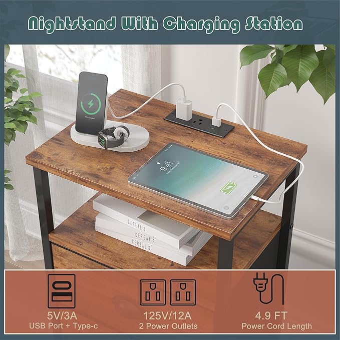 Nightstand with Charging Station,LED Night Stand with 3 Fabric Drawers, Bedside End Tables, 2-Tier Open Storage Shelf Side Table Nightstand with Drawers for Bedroom,Rustic Brown
