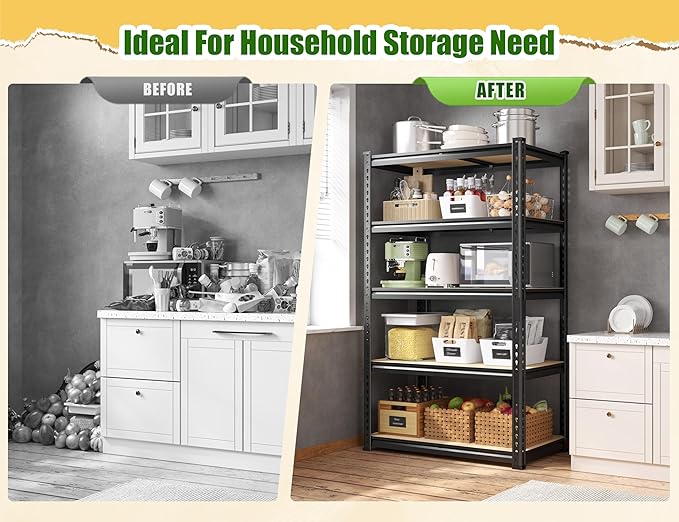 Set of 2 Storage Shelves 27.7"W Metal Shelving 2010LBS Garage Shelving Heavy Duty Garage Shelves Adjustable 5 Tier Metal Shelf for Pantry Kitchen Closet Basement Warehouse 11.9"D×27.7"W×60"H