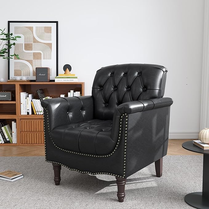UIXE Faux Leather Accent Chairs Set of 2, Comfy Club Chair Upholstered Armchair for Living Room, Button Tufted Arm Chair Retro Single Sofa Side Reding Seat for Bedroom - Black Blue